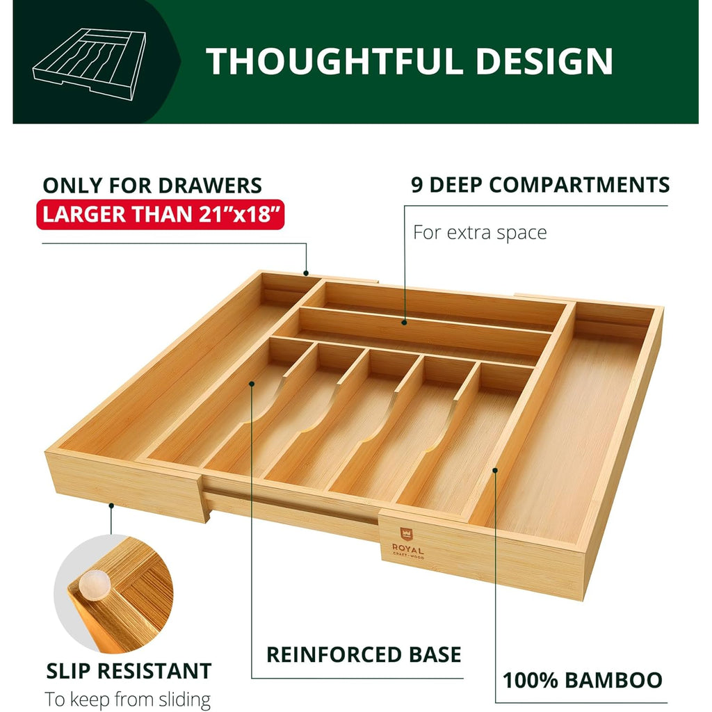 ROYAL CRAFT WOOD Luxury Bamboo Kitchen Drawer Organizer - Silverware Organizer, Utensil Holder & Cutlery Tray Drawer Dividers for Flatware (9 Slot, Natural)