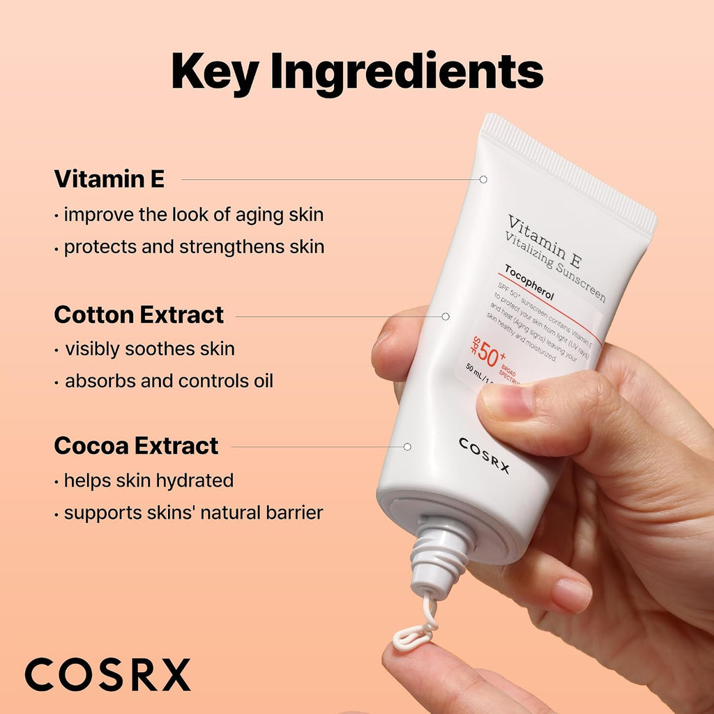 Cosrx Vitamin E Sunscreen For Oily Skin Spf 50, Natural Glow Face Sunscreen, Lightweight, Non-Sticky, No White Cast, Hydrating, Beach Essentials, Summer Travel Essentials, Korean Skincare,1.69 Fl Oz
