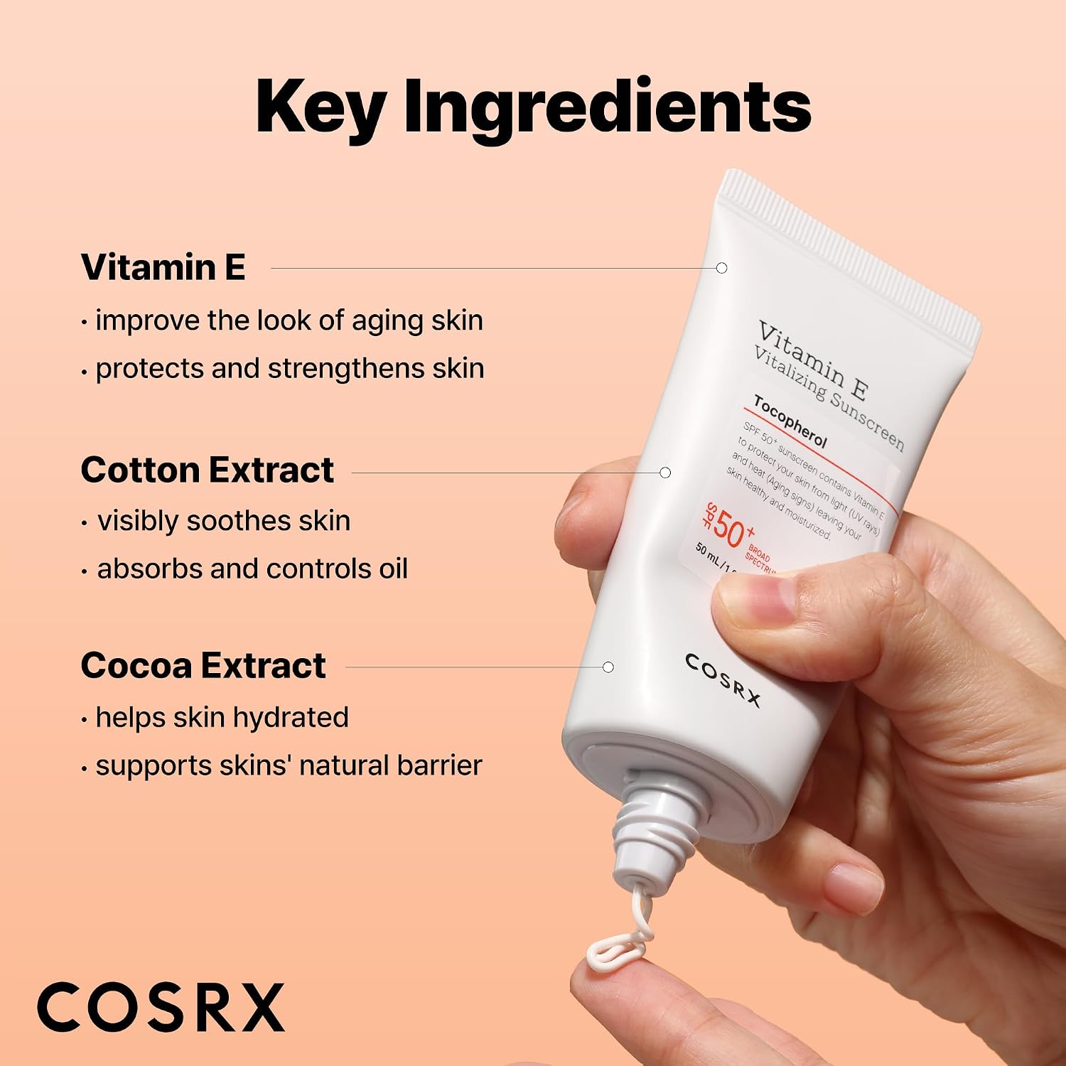 Cosrx Vitamin E Sunscreen For Oily Skin Spf 50, Natural Glow Face Sunscreen, Lightweight, Non-Sticky, No White Cast, Hydrating, Beach Essentials, Summer Travel Essentials, Korean Skincare,1.69 Fl Oz