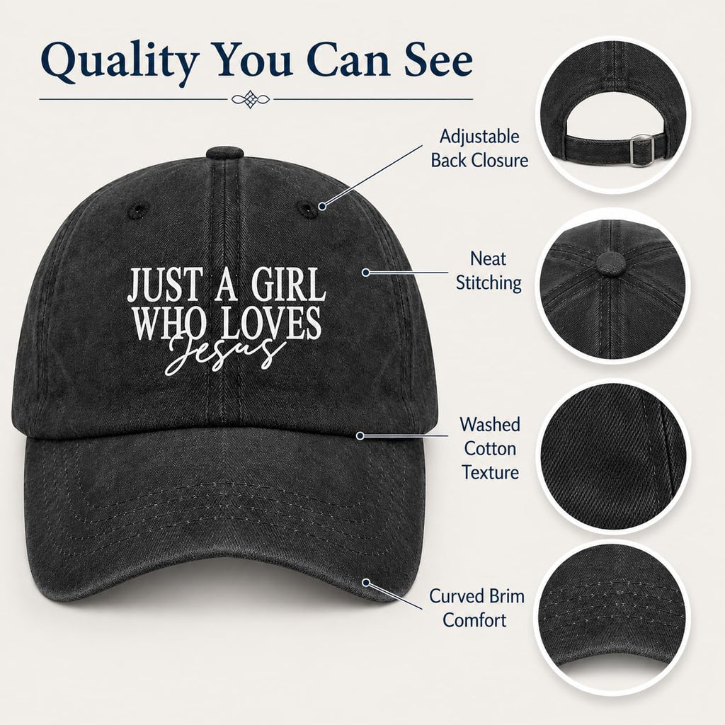 JUSTS A Girls WHO Loves Jesus Hats for Women Aesthetic Washed Distressed Allblack
