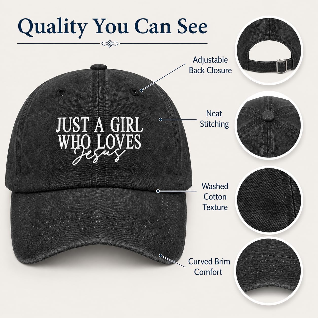 JUSTS A Girls WHO Loves Jesus Hats for Women Aesthetic Washed Distressed Allblack