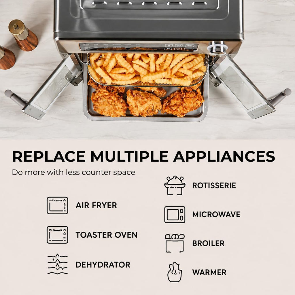 Emeril Lagasse Extra Large French Door Air Fryer Toaster Oven Combo, 24 Cooking Functions And Digital Controls, 7 Accessories Included, Stainless Steel Finish, 26Qt Capacity