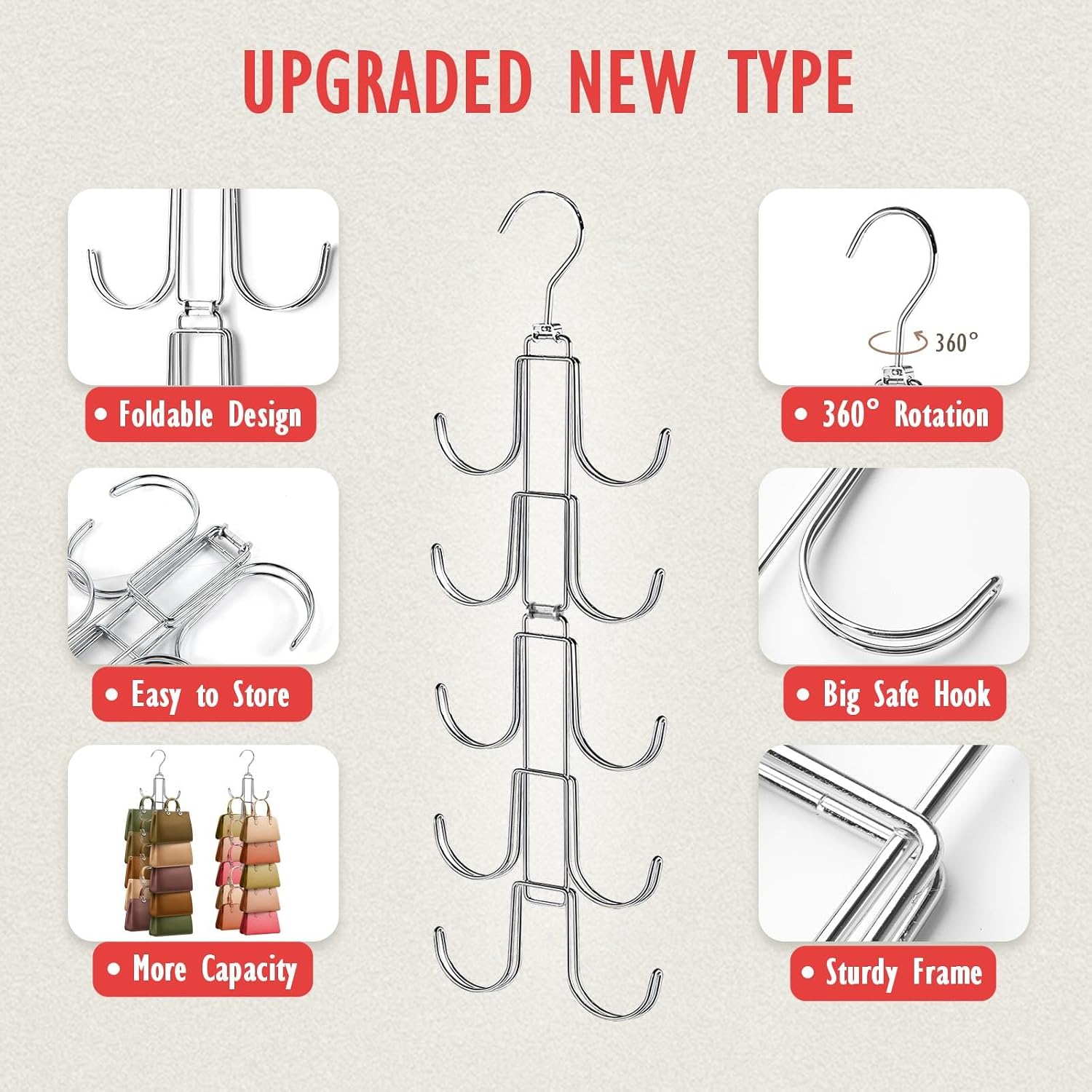 Purse Organizer For Closet, Upgraded Purse Hanger With 10 Big Hooks, 360 Degree Rotation For Better Organizer&Display, Collapsible Space Saving Hangers Rack For Handbag, Belt, Scarve, Tie