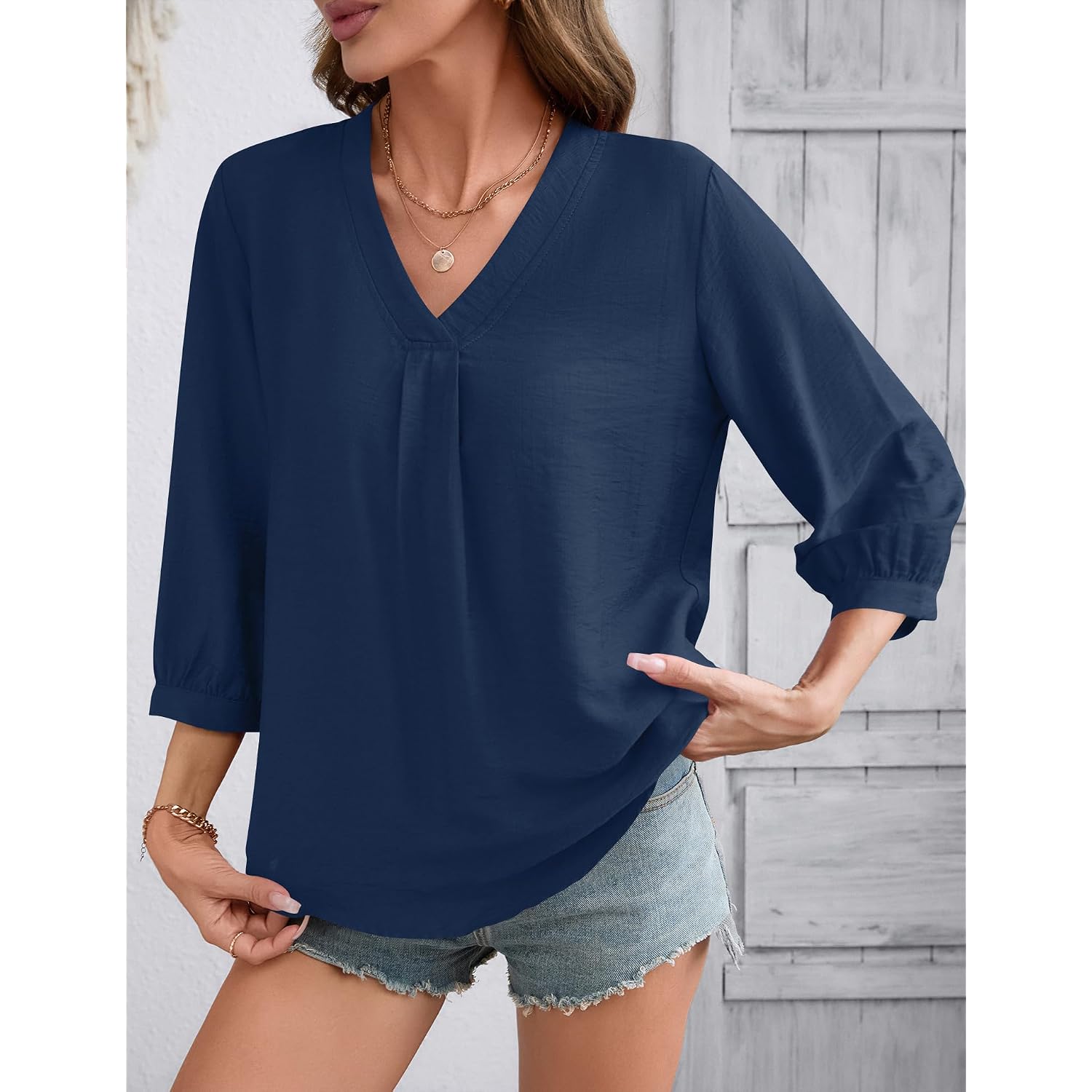 LOMON Womens 3/4 Sleeve V Neck Boho Peasant Blouses Dressy Casual Breathable Soft Tunic Tops with Button Cuffs