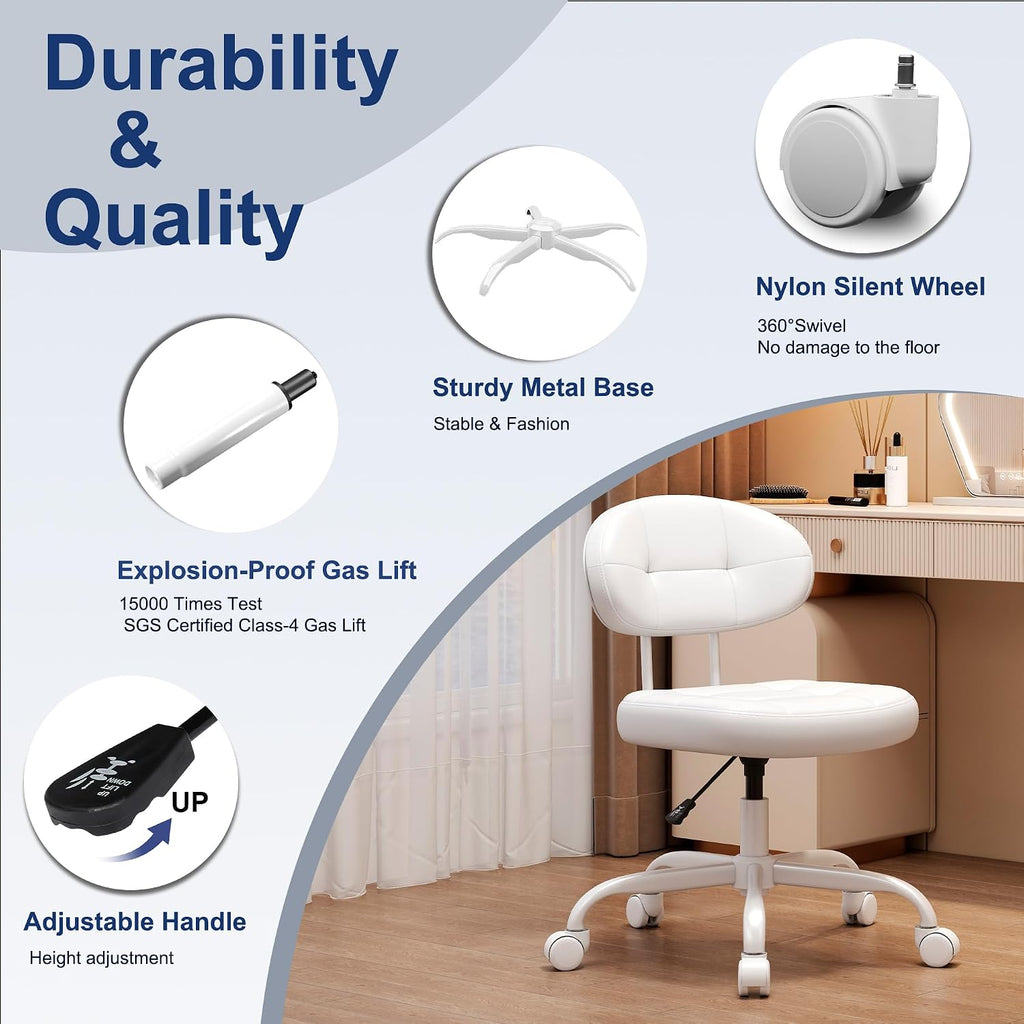 Misolant Vanity Chair With Back, Small Armless Cute Office Chair With Wheels And Lumbar Support, Comfy Pu Leather Desk Computer Chairs With Adjustable Height, 360°Swivel For Home Bedroom Office, White