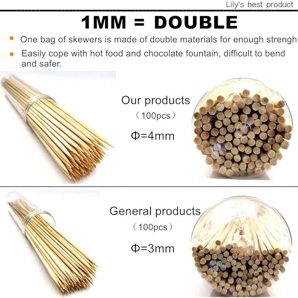 Hopelf 6" Natural Bamboo Skewers For Bbq，Appetiser，Fruit，Cocktail，Kabob，Chocolate Fountain，Grilling，Barbecue，Kitchen，Crafting And Party. Φ=4Mm, More Size Choices 8"/10"/12"/14"/16"/30"(100 Pcs)