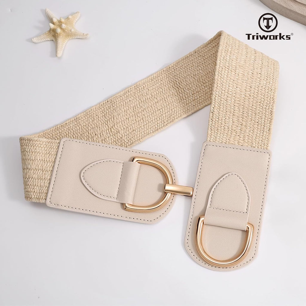 TRIWORKS Straw Woven Elastic Belt for Women Wide Boho Braided stretchy Belt Rattan Waist Belt for Dress