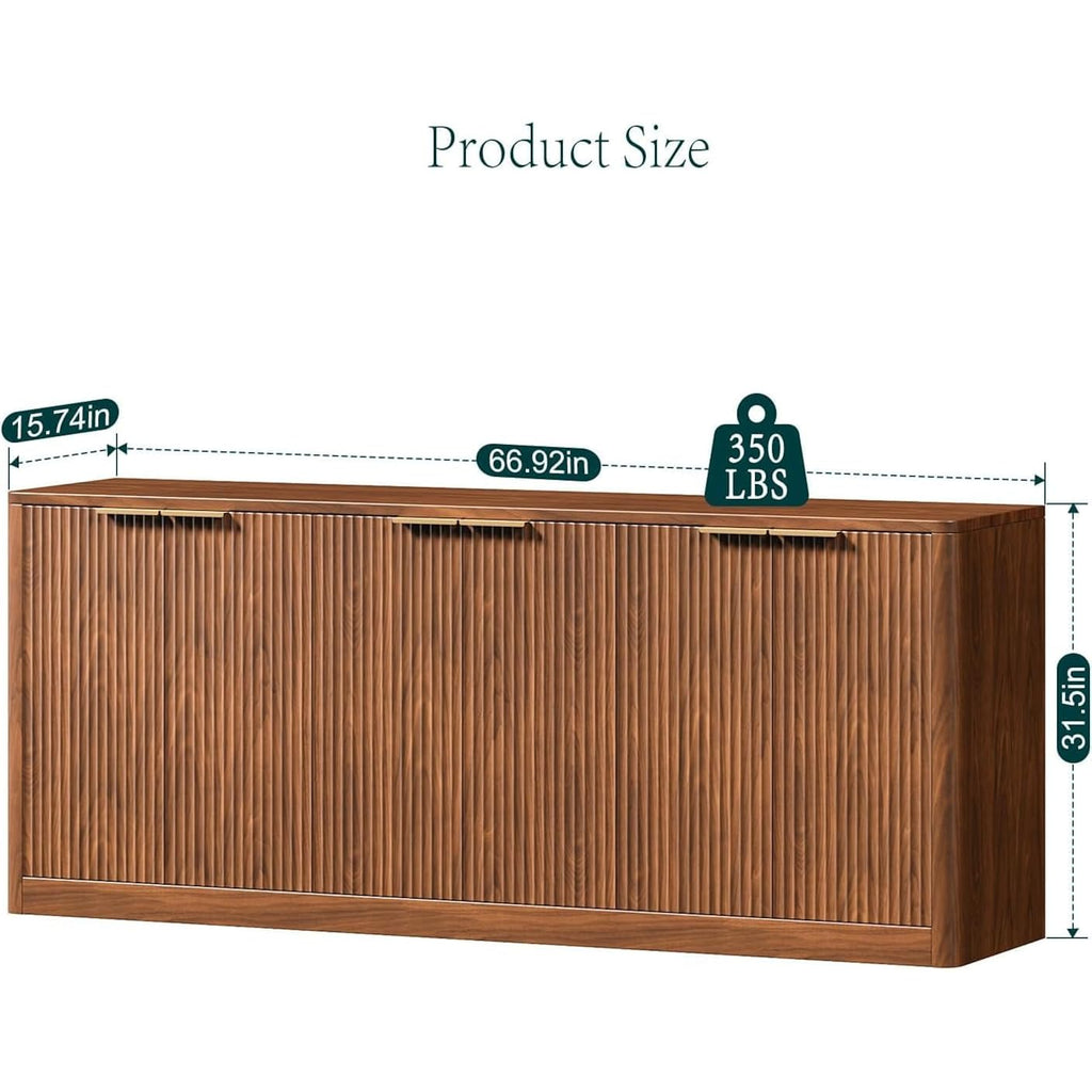 Evermagin 67" Fluted Walnut Buffet Cabinet Sideboard With Storage, Large Credenza With 6 Doors, Wood Mid Century Modern Sideboard For Kitchen And Living Room (67" W*31.5" H*15.7" D)