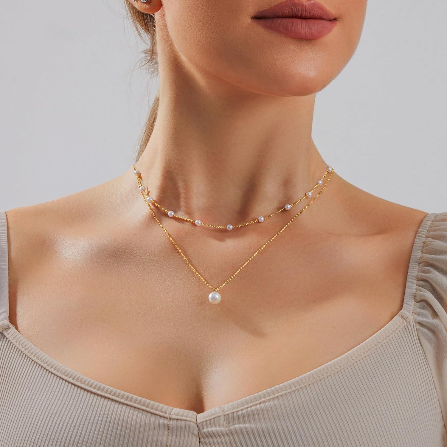 Partm Pearl Necklace for Women Trendy 14K Gold Plated Dainty Pearl Pendant Choker Set Handmade Pearl Gold Necklace Non Tarnish Simple Cute Jewelry Gifts for Women