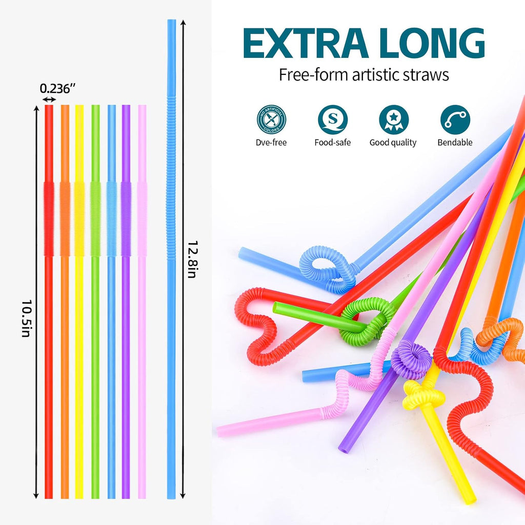 100Pcs Flexible Plastic Straws, Colorful Disposable Bendy Party Fancy Straws12.8Inch Extra Long Straws Party Decorations