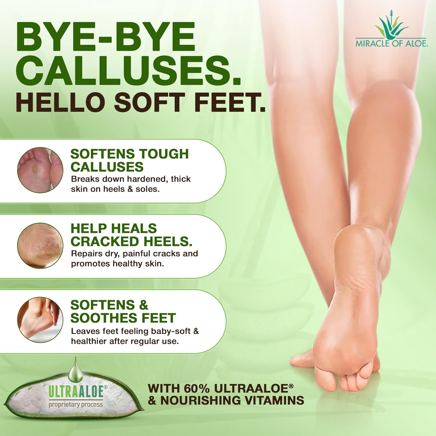 Miracle of Aloe Foot Repair Cream, 32 oz, 60% Pure UltraAloe, Non-Greasy Moisturizer for Dry, Cracked Feet and Callused Skin, Fast-Absorbing Deep Hydration, Diabetic Safe, Peppermint Scent