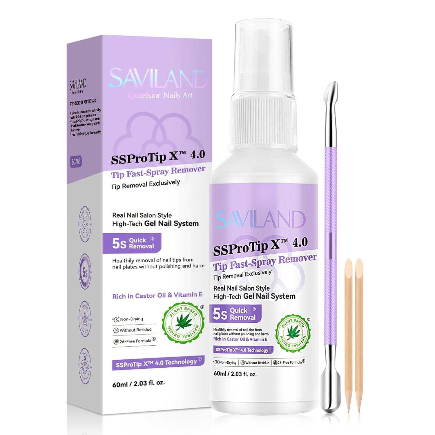 SAVILAND Nail Glue Remover Spray: 60ml Quick Removal for Solid Nail Glues Gel | Gel Nail Glue Removal | Odorless No Acetone Castor Oil VE 5s Fast Remover Easy Home Use