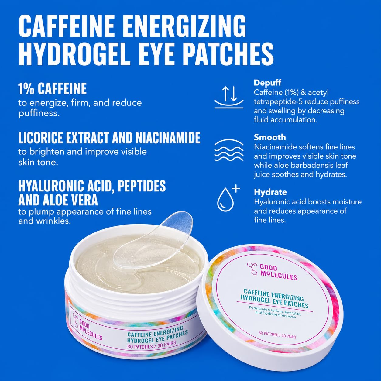 Good Molecules Under Eye Cream And Eye Patches For Dark Circles, Puffiness And Tired Eyes - Yerba Mate Eye Gel (15Ml) And Caffeine Hydrogel Eye Patches (60 Patches / 30 Pairs) - Morning Eye Care Set
