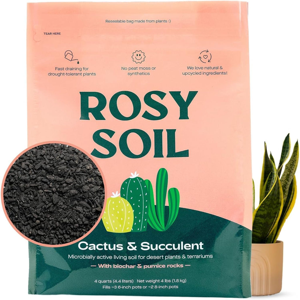 Rosy Soil Cactus & Succulent Potting Mix, 4 Quarts | Organic Succulent Potting Soil, Chunky Fast Draining, Peat-Free, Root Boosting Mix, For Aloevera, Cacti, Indoor Succulents