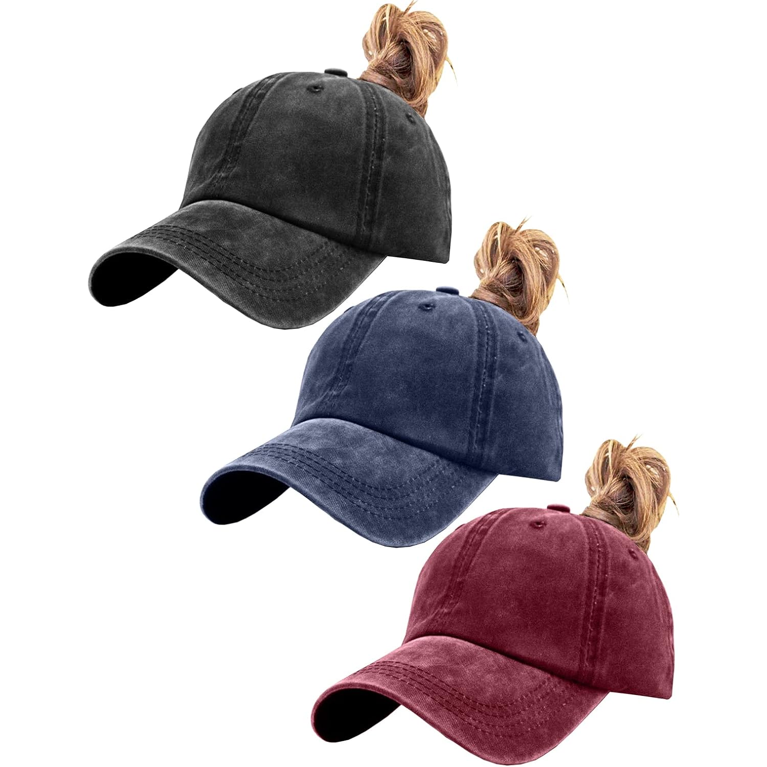 Womens Vintage Washed Distressed Baseball-Cap with Ponytail Hole Sport Golf Hat