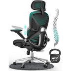 Ergonomic Mesh Office Chair, Adjustable Lumbar High Back Desk Chair 400Lbs, 4D Flip-Up Arms, 3-Level Tilt Backrest, 3D Headrest, Pu Wheels, Swivel Rolling Computer Seating For Long Desk Work