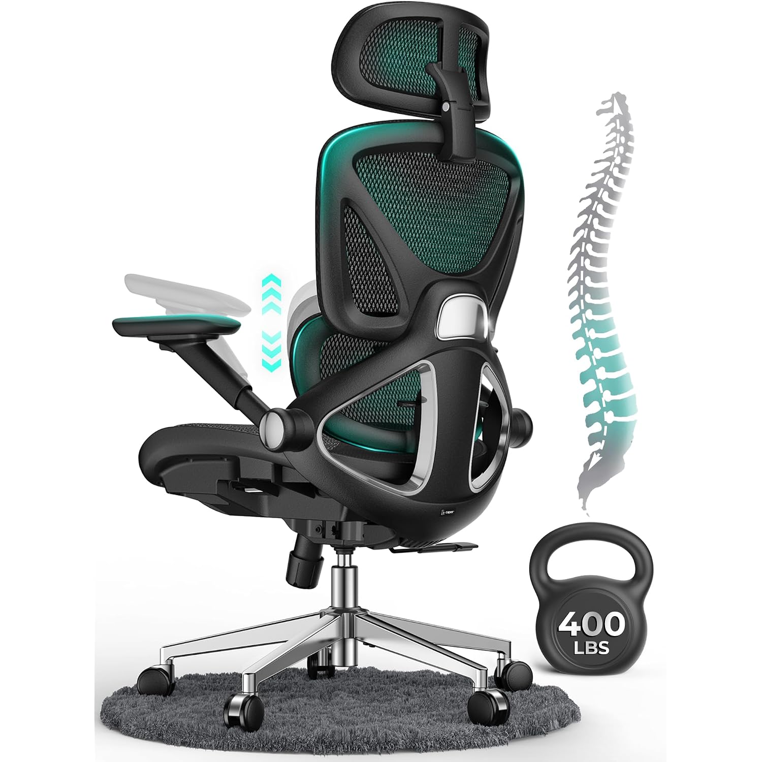 Ergonomic Mesh Office Chair, Adjustable Lumbar High Back Desk Chair 400Lbs, 4D Flip-Up Arms, 3-Level Tilt Backrest, 3D Headrest, Pu Wheels, Swivel Rolling Computer Seating For Long Desk Work