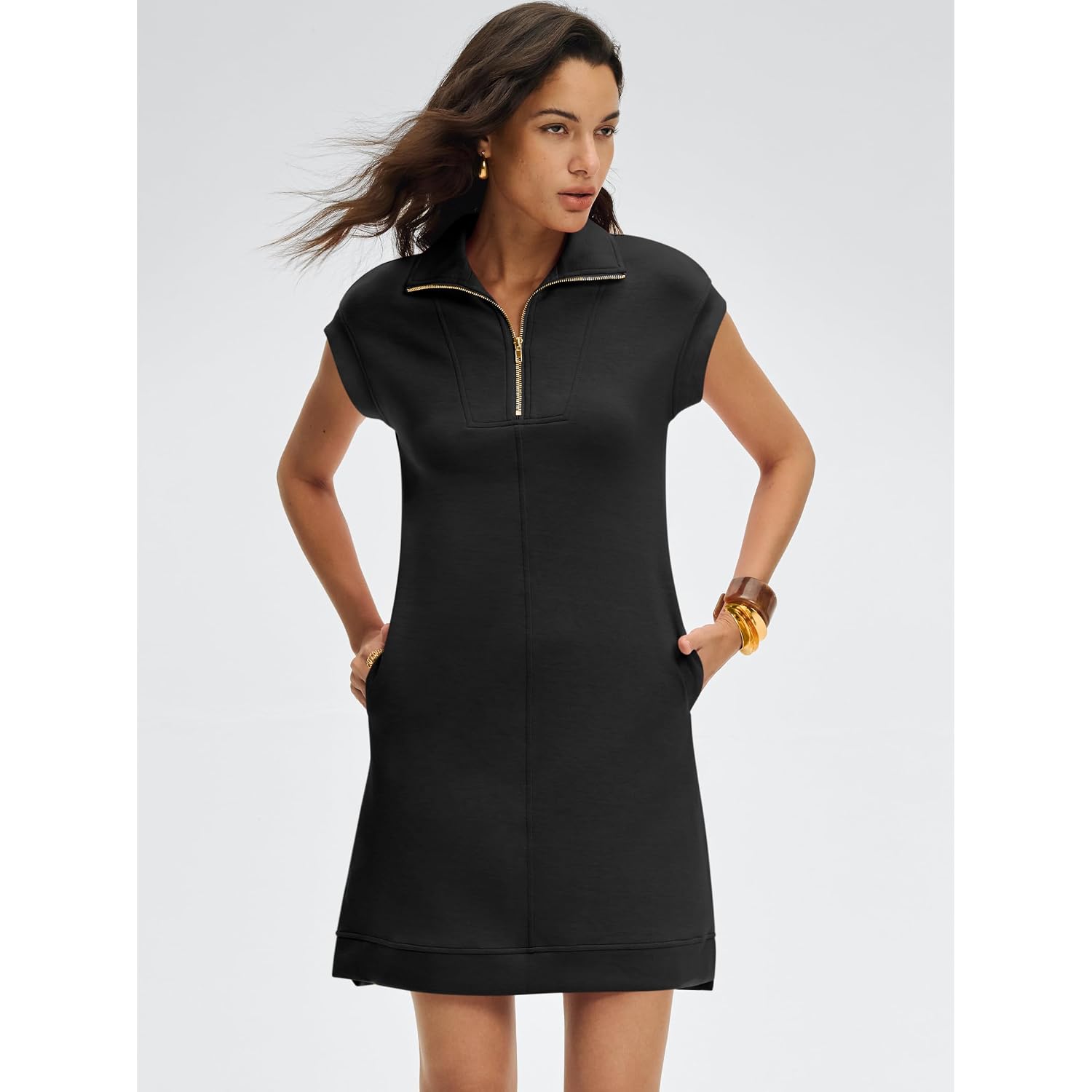 Anrabess Womens Summer Casual Half Zip Cap Sleeve Trendy Wrinkle-Free Tshirt Dress 2026 Spring Beach Vacation Short Dresses