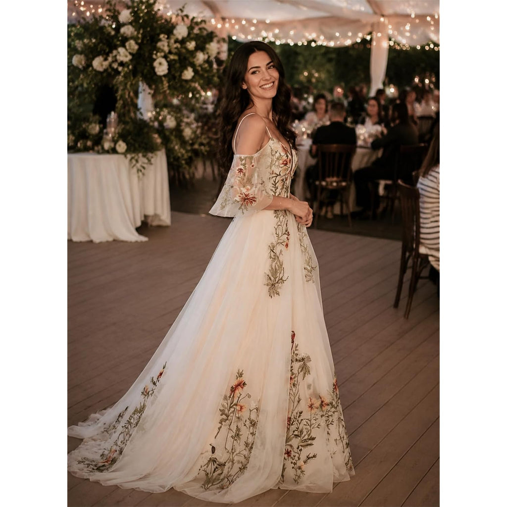 Floral Embroidered Wedding Dress For Bride Long Off Shoulder V Neck Chiffon Evening Bridal Gown