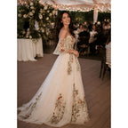 Floral Embroidered Wedding Dress For Bride Long Off Shoulder V Neck Chiffon Evening Bridal Gown
