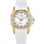 Citizen Ladies Eco-Drive Veya, 33.4Mm Gold-Tone Stainless Steel Case With A White Silicone Strap & Silver-White Dial (Style: Fe1262-03A)