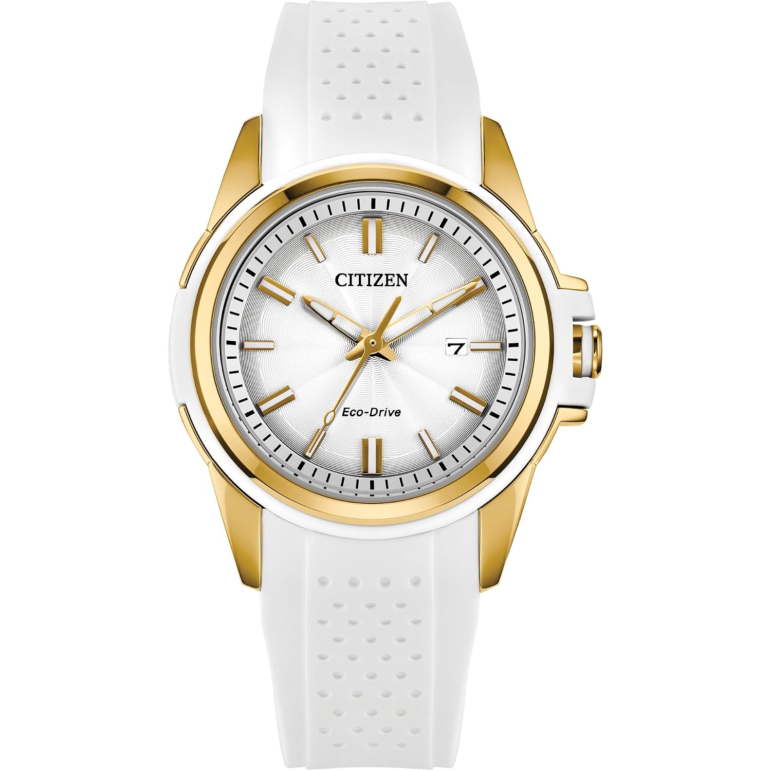 Citizen Ladies Eco-Drive Veya, 33.4Mm Gold-Tone Stainless Steel Case With A White Silicone Strap & Silver-White Dial (Style: Fe1262-03A)