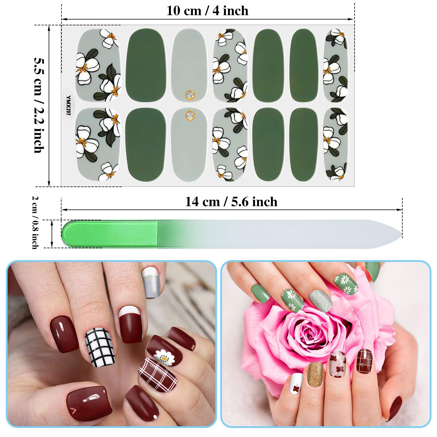 Maitys 224 Pieces 16 Sheets Full Wrap Nail Stickers Polish Stripes Self Adhesive Art Decals with File with File Manicure Kit for Women DIY Holiday(Fresh Floral Series)