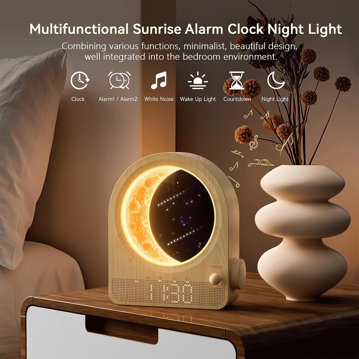 Sunrise Alarm Clocks For Bedrooms, Stepless Dimmable Moon Lamp Dual Alarm Clock With 12Levels Volume For Heavy Sleepers, 10 Natural Sounds With 30/60/90Mins Timer, Gifts For Women