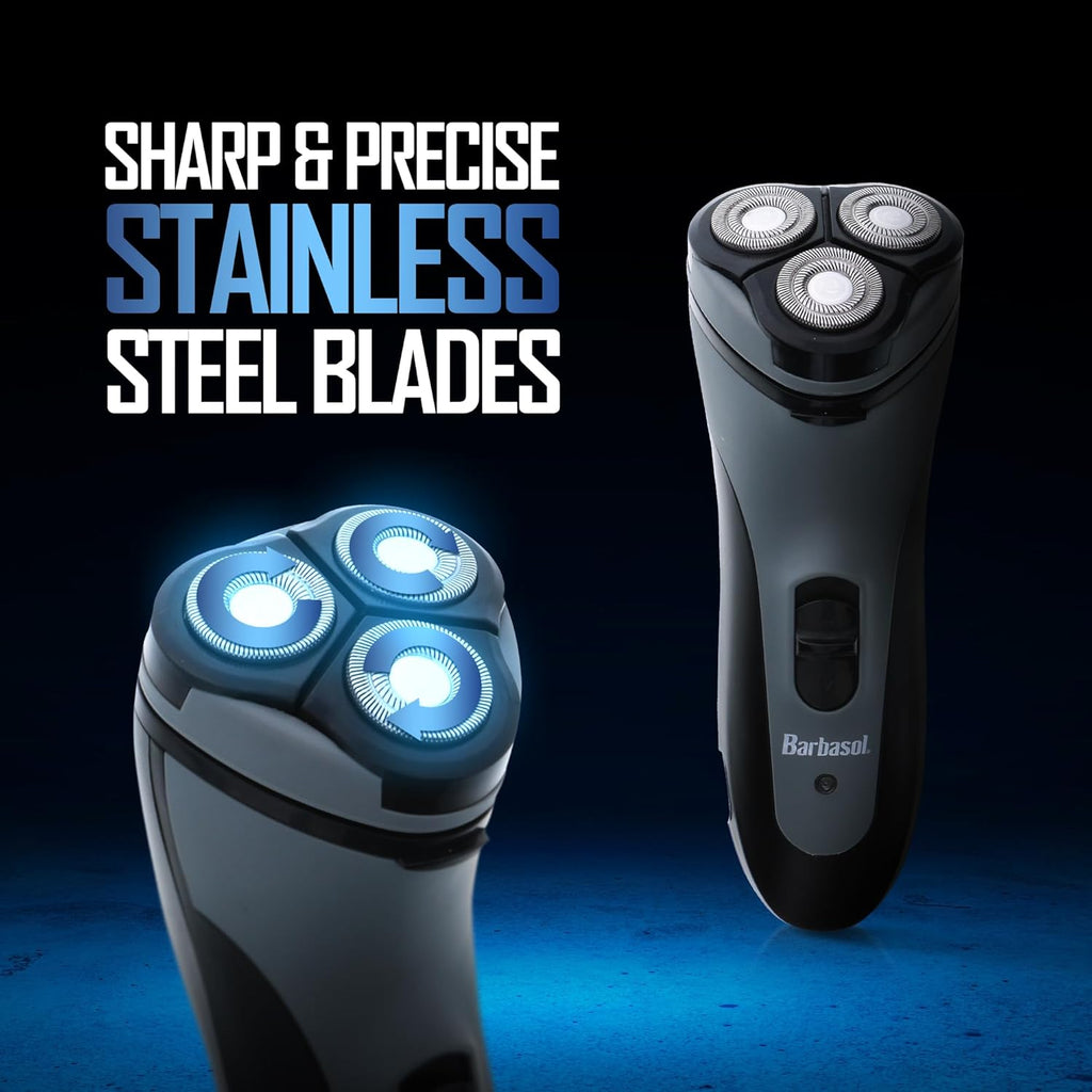 Barbasol Rotary Shaver, Rechargeable Electric Rotary Shaver with Stainless Steel Blades, Pop-Up Trimmer, Wireless Cordless Electric Razor, Close Shave, Full 8 Hour Charge Provides 45 Minute Run-Time
