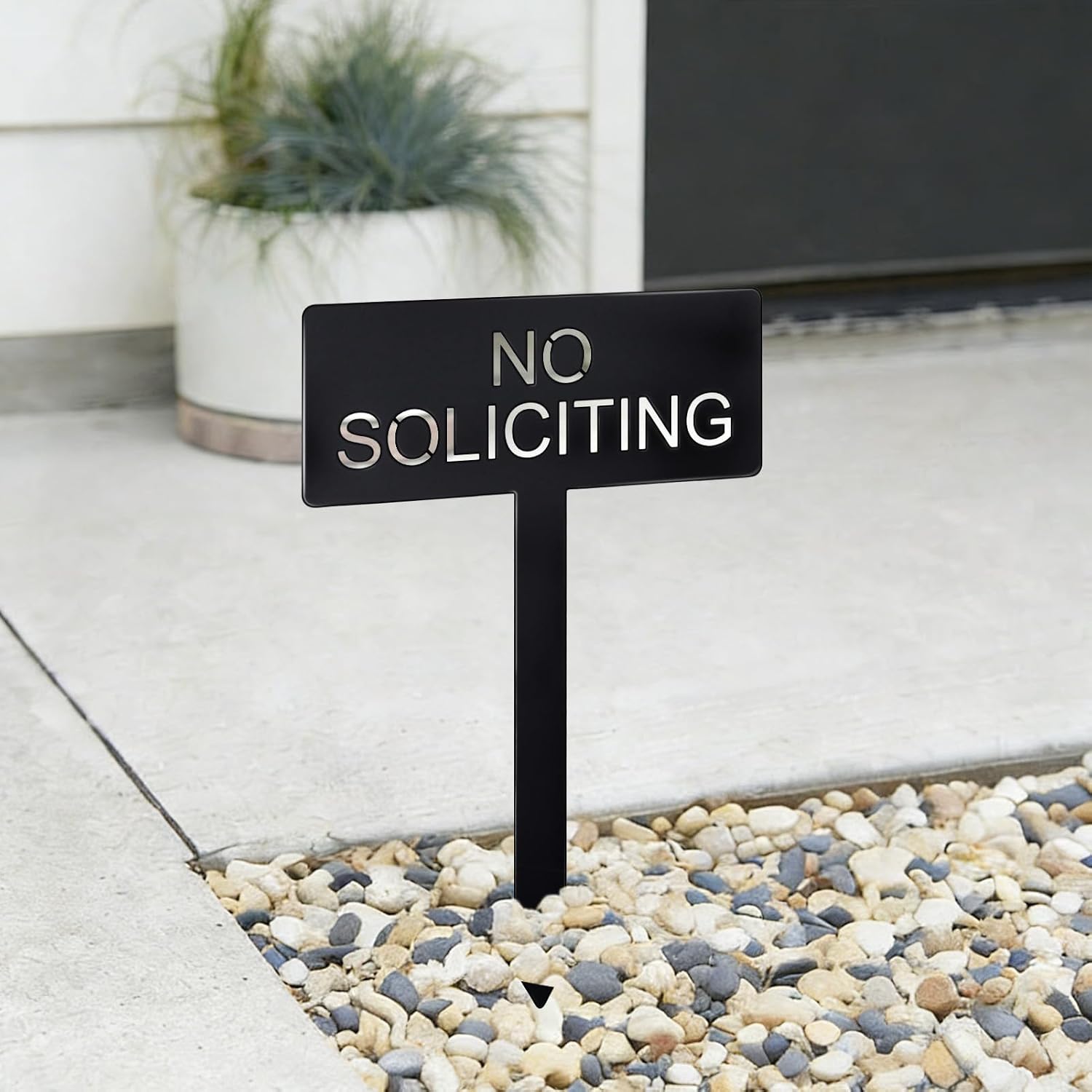 No Soliciting Metal Yard Sign For House, Modern Steel No Soliciting Sign, Outdoor No Soliciting Yard Sign For Front Yard Or Planter, 4.1” X 10.6” With 10.2” Stake, Black
