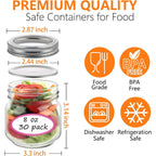 30 Pack Mason Jars 8 Oz With Regular Lids And Bands, Half Pint Canning Jars, Small Glass Jars For Honey Jelly Jam Crafts