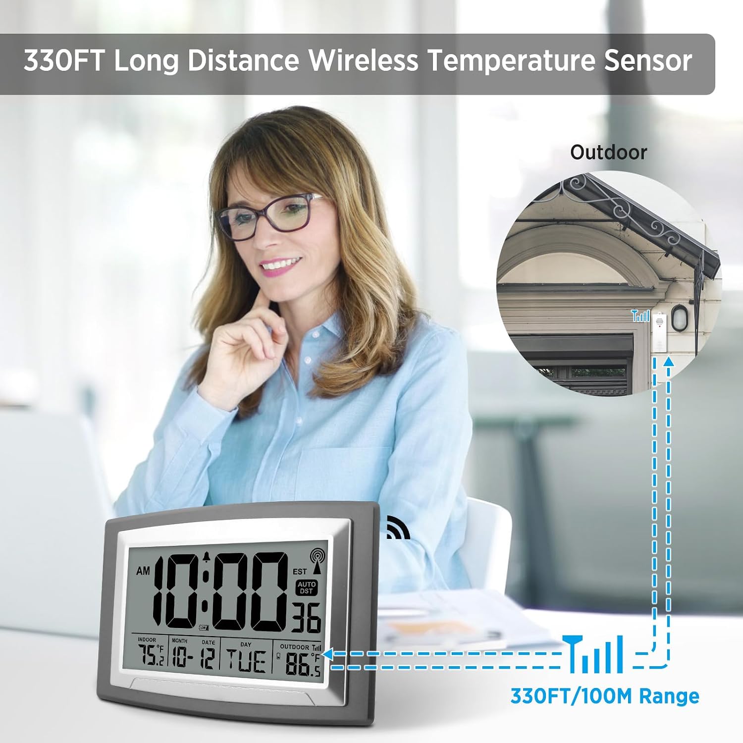 Atomic Clock With Outdoor And Indoor Temperature - 12.5 Inch Self-Setting Digital Clock Large Display, Battery Operated Wall Clocks Or Desk Clocks For Bedroom, Livingroom, Office