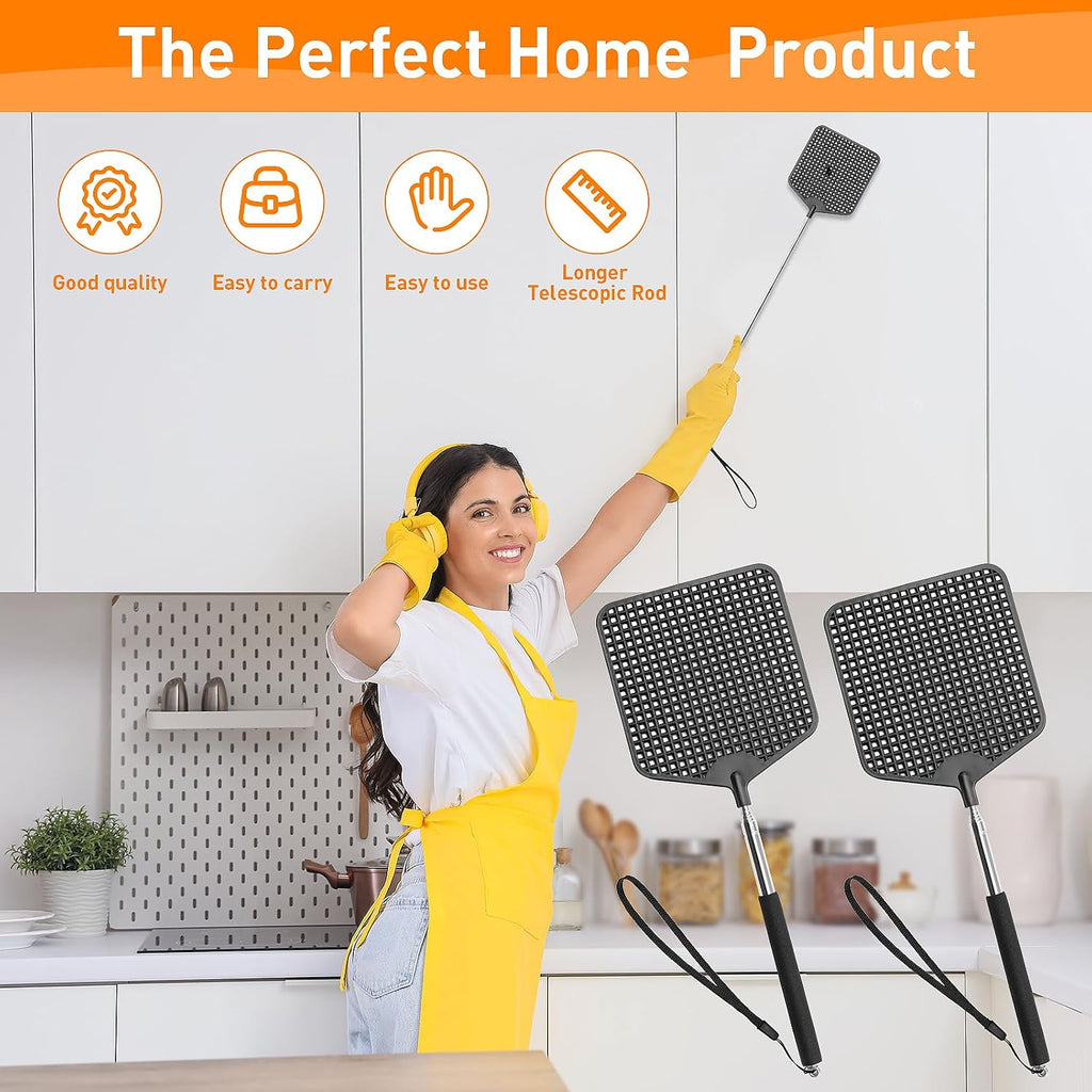 Hdajy Telescopic Fly Swatters 2 Pack, Premium Plastic Flyswatter, Fly Swatter Heavy Duty For Indoor, Outdoor, Classroom, Stainless Steel Handle（Black）