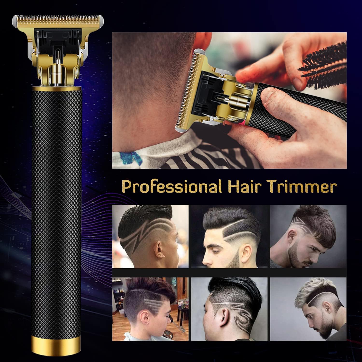 Professional Cordless Hair Clipper And Trimmer For Men, T Blade Zero Gapped Rechargeable Beard Shaver, Hair Cutting Kit With Ear Spoon Tool Set, Black