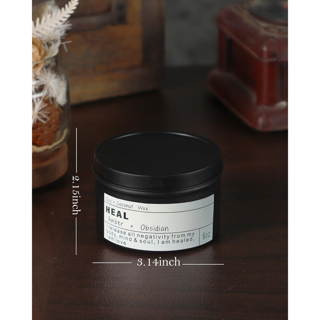 Obsidian Crystal Energy Candle, Good Aura Health Protection, Baltic Amber Chakra Magic Self-Care, Emotional Support, Encouragement and Affirmation Gift.(HEAL)