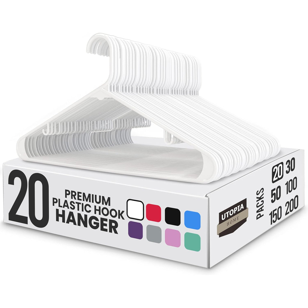 Utopia Home Plastic Hangers 20 Pack – Built-In Strap Hooks White | Space Saving | Durable & Strong | Closet Organizer | Clothes Hangers | Ideal For Shirts, Pants, Skirts & Coats