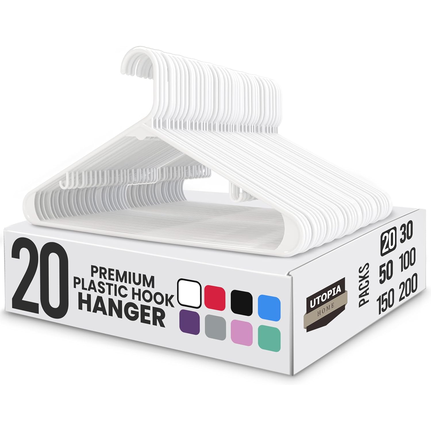 Utopia Home Plastic Hangers 20 Pack – Built-In Strap Hooks White | Space Saving | Durable & Strong | Closet Organizer | Clothes Hangers | Ideal For Shirts, Pants, Skirts & Coats