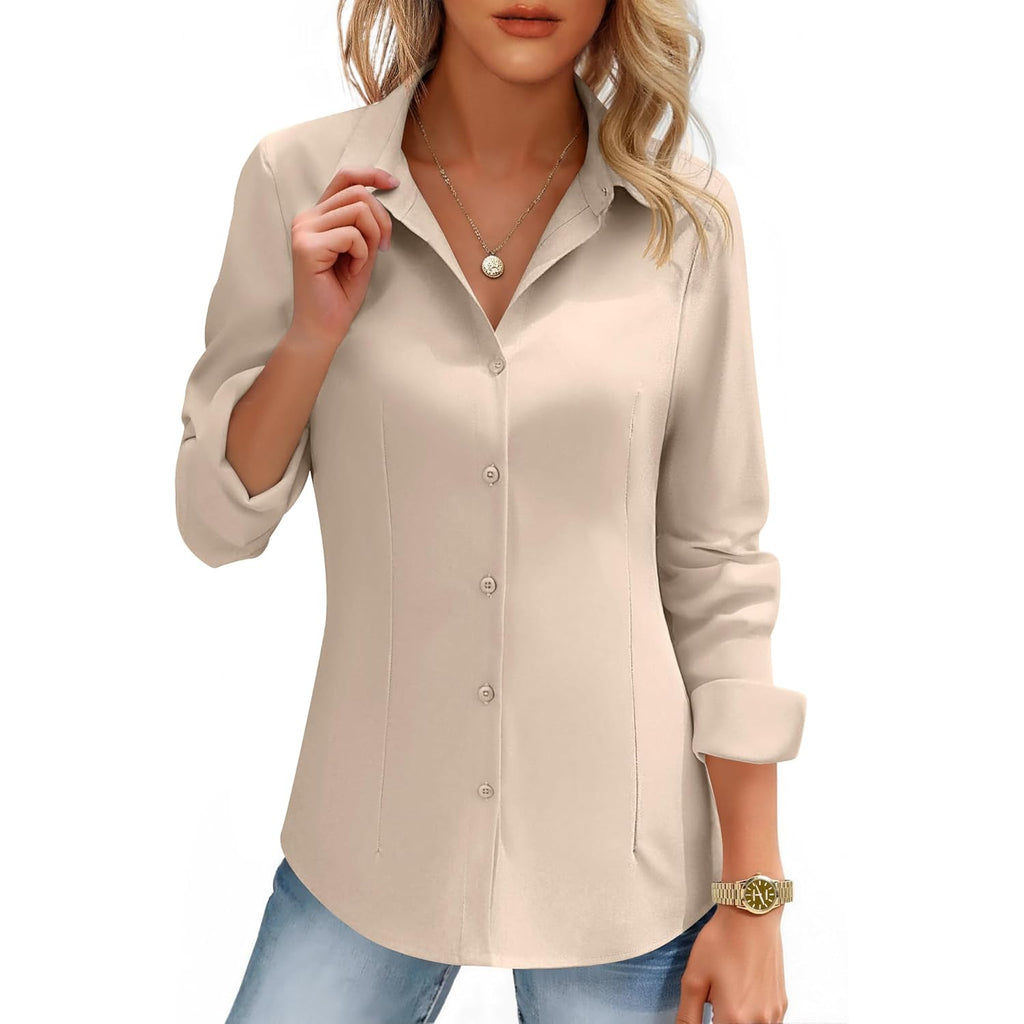 Women's Button Down Shirts Long Sleeve Dress Shirt Slim Fitted Work Tops Collared Dressy Casual Business Blouses