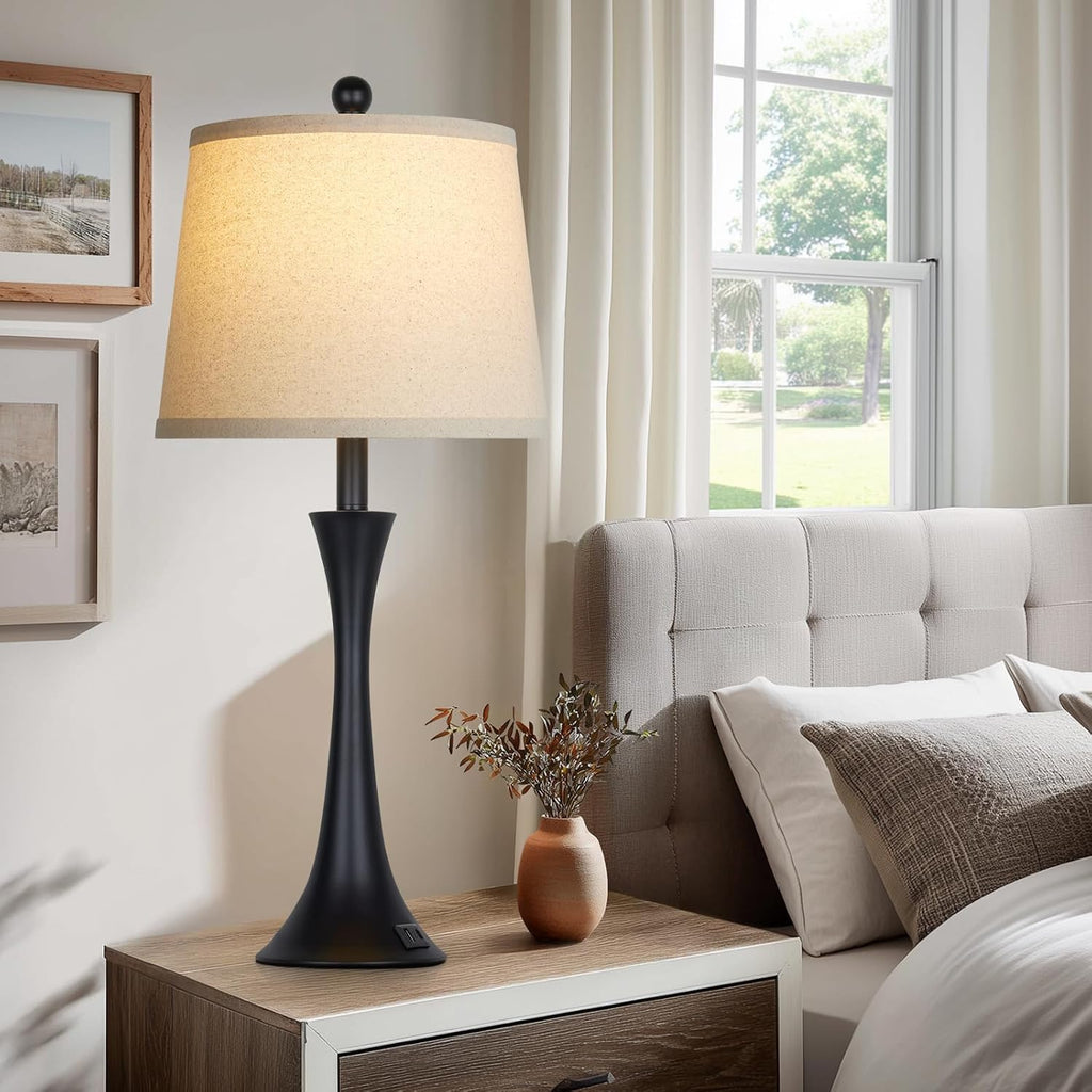 27.5" Table Lamps Set Of 2, Touch Bedside Lamps With Usb C+A Ports, 3 Way Dimmable Nightstand Lamps For Bedroom, Living Room, Office, Black Lamp With Beige Lampshade, Bulbs Included