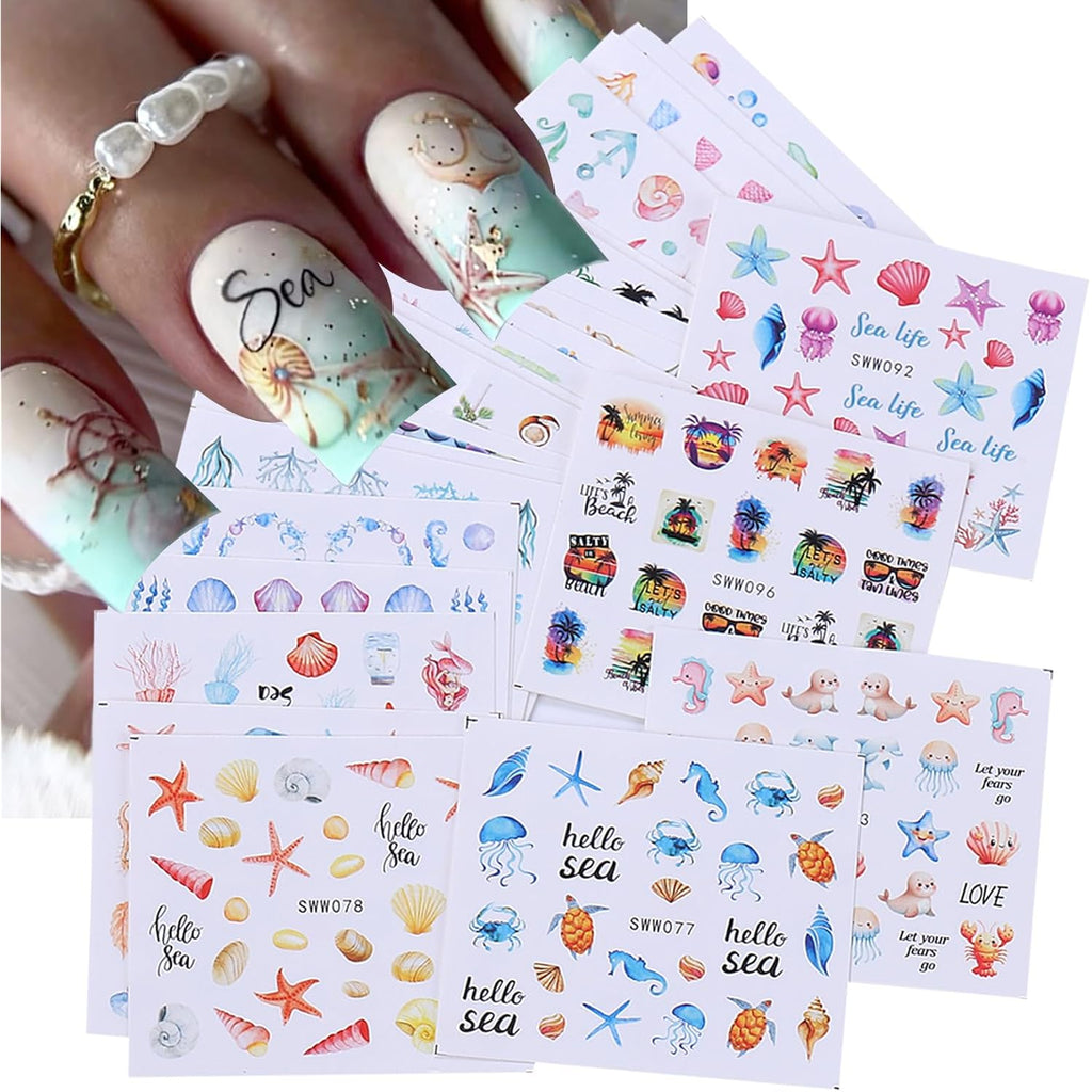 Ocean Nail Stickers Water Decals 24 PCS Marine Life Water Decals for Nails Jellyfish Seashell Turtle Starfish Design DIY Summer Nail Art Decoration Manicure Watermark Supplies for Women