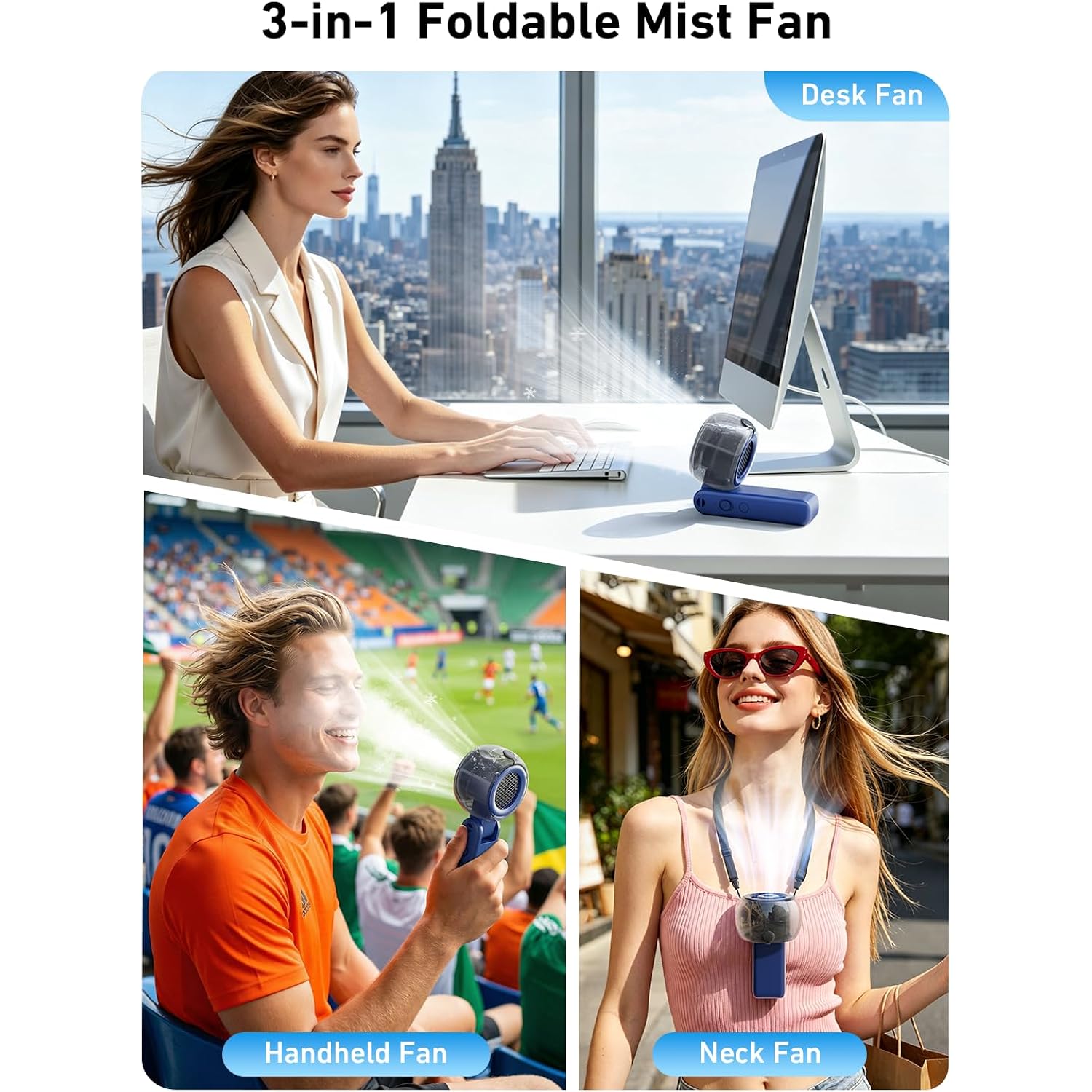 Portable Handheld Misting Fan, 4000Mah Rechargeable 3-In-1 Foldable Cooling Turbo Fan, 1-100 Stepless Speed With Water Spray & Led Display, Desk & Neck Personal Fan For Travel Beach Outdoor (Blue)
