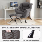 Lazy Chair With Ottoman, Gray Modern Large Accent Chairs, Comfy Leisure Sofa Armchair With Ottoman, Reading Chair With Footrest For Bedroom, Living Room, Dorm Rooms, Garden Dark Grey