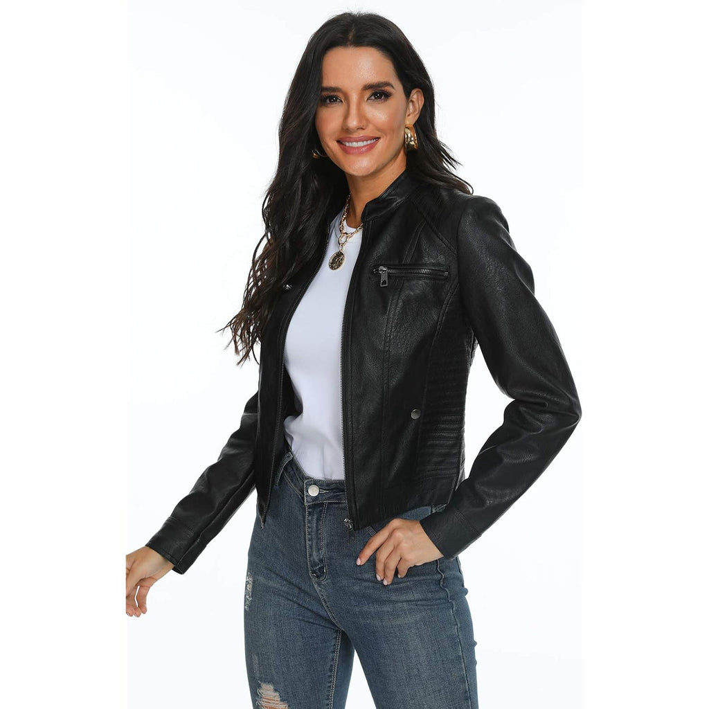 Black Faux Leather Jackets For Women Motorcycle Pu Moto Biker Outwear Coat