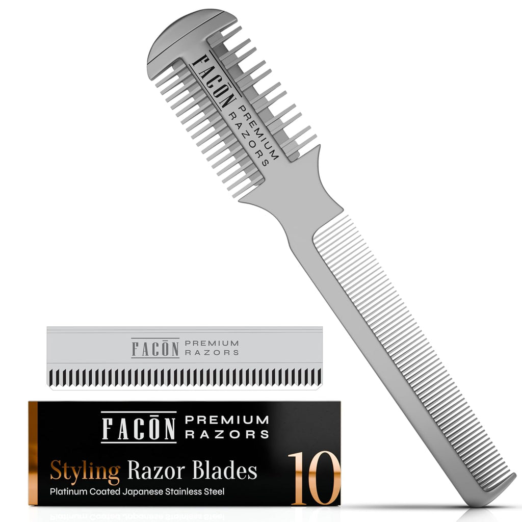 Facón Razor Comb For Hair Cutting - Professional Hair Cutting Comb Kit With 12 Replacement Blades, Double Edge Shaper For Salon & Home, Premium Styling Thinning Texturizing Split Ends Trimming Razor