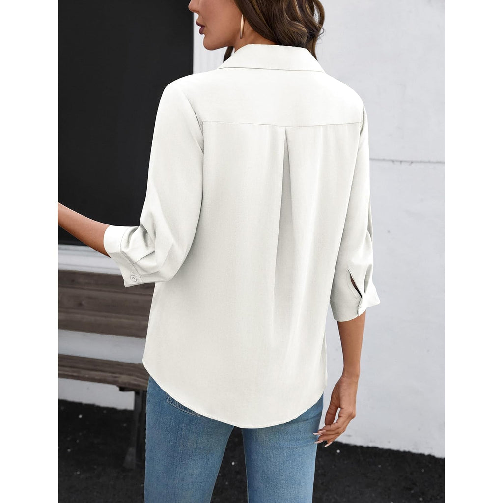 LOMON Womens 3/4 Sleeve Tops V Neck Cotton Linen Work Blouse Collared Shirts for Women Business Casual 2026