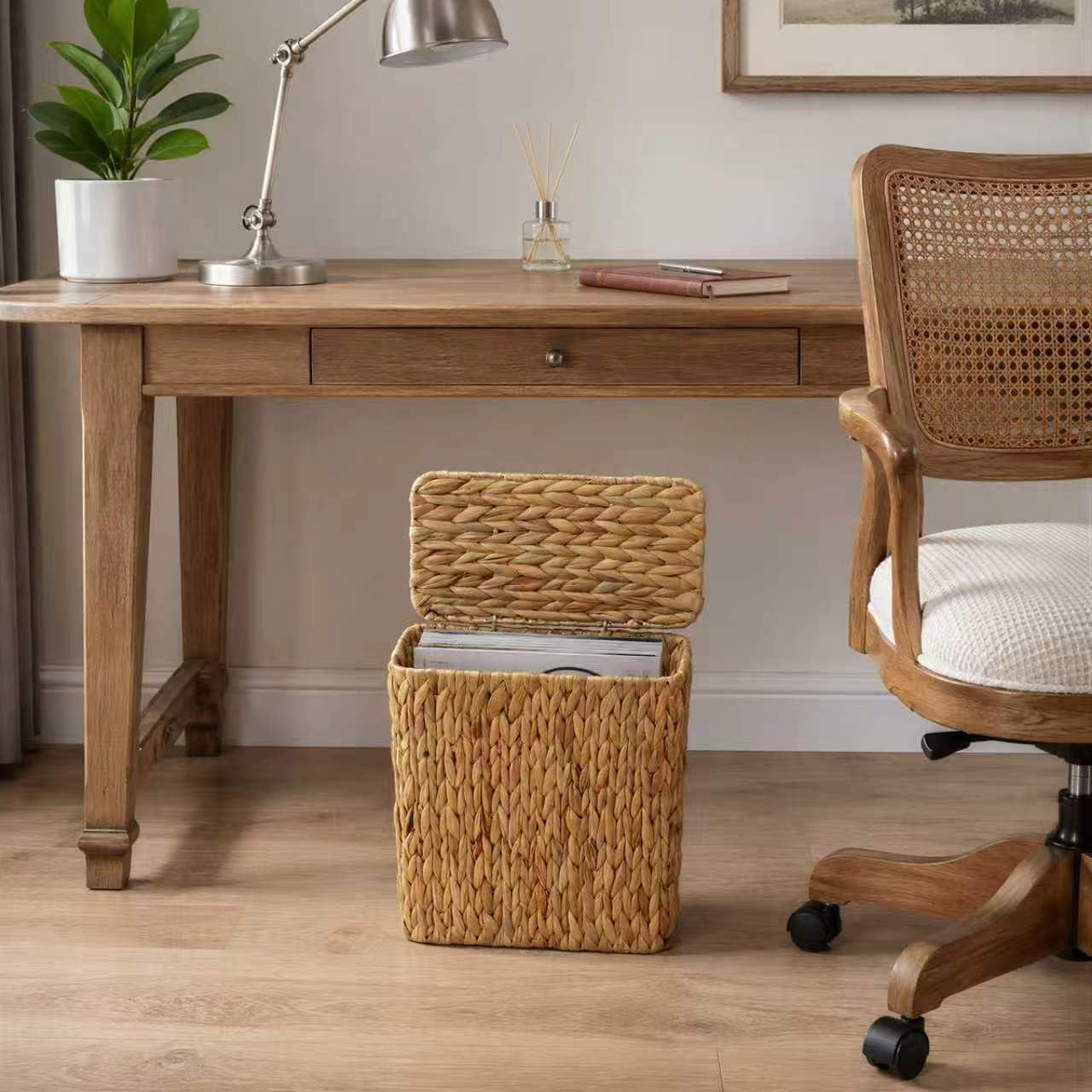 3 Gallon Wicker Trash Can,Small Bathroom Trash Can With Lid,Natural Water Hyacinth Wicker Waste Basket For Bedroom,Toilet,Narrow Garbage Can With Removable Liner
