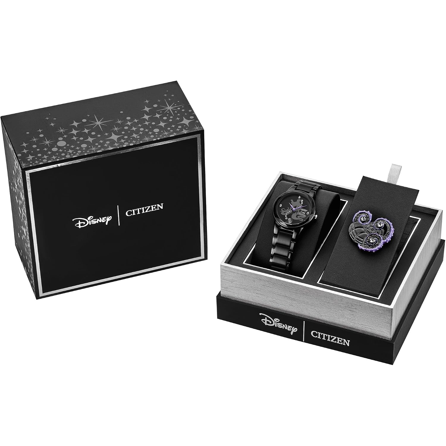 Citizen Women'S Eco-Drive Disney Villian Ursula Crystal Watch And Pin Gift Set In Black Ion Plated Watch, Black Dial (Model: Ga1075-68W)