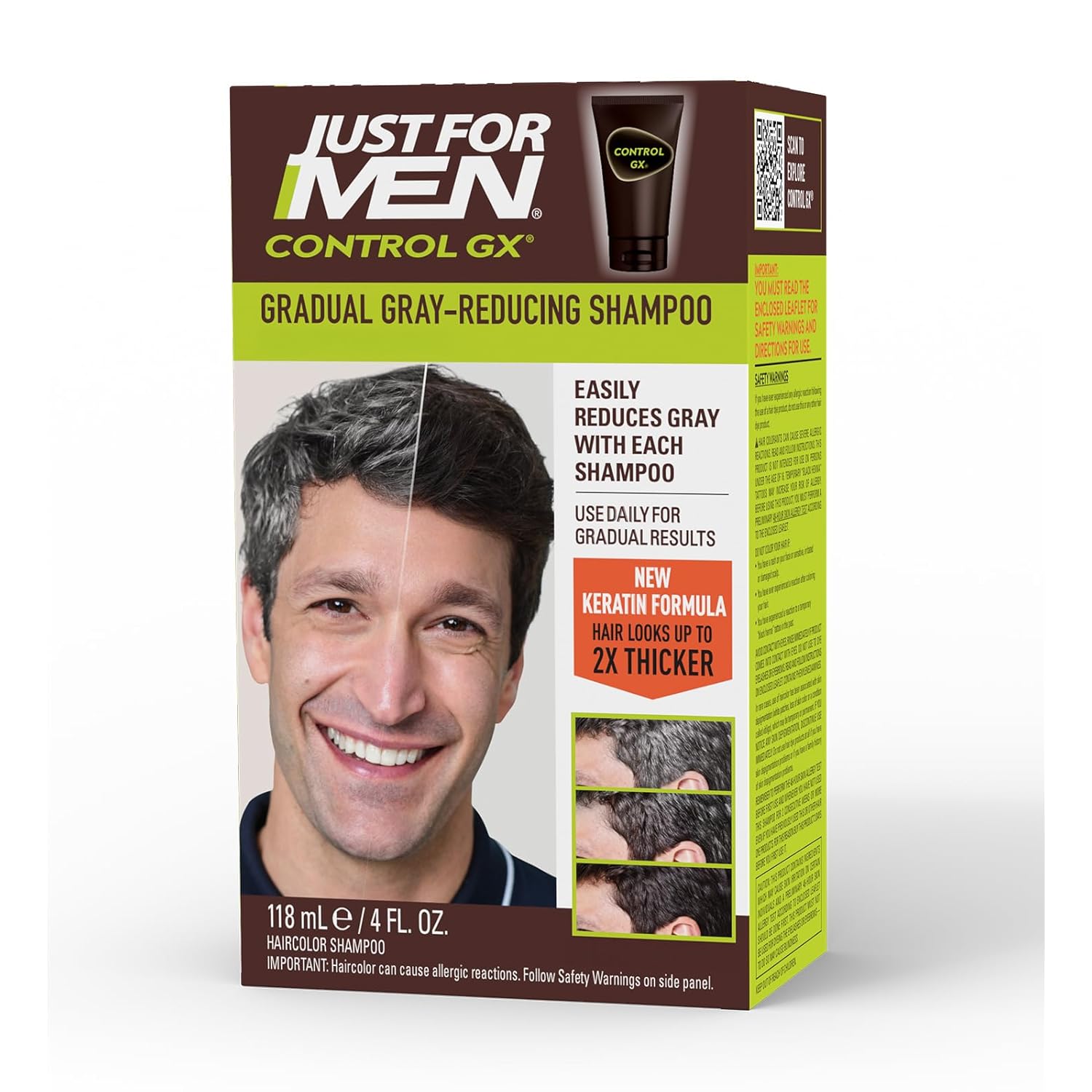 Just for Men Control GX Grey Reducing Shampoo, Gradual Hair Color with Keratin for Stronger Thicker and Healthier Looking Hair, 4 Fl Oz - Pack of 1 (Packaging May Vary)