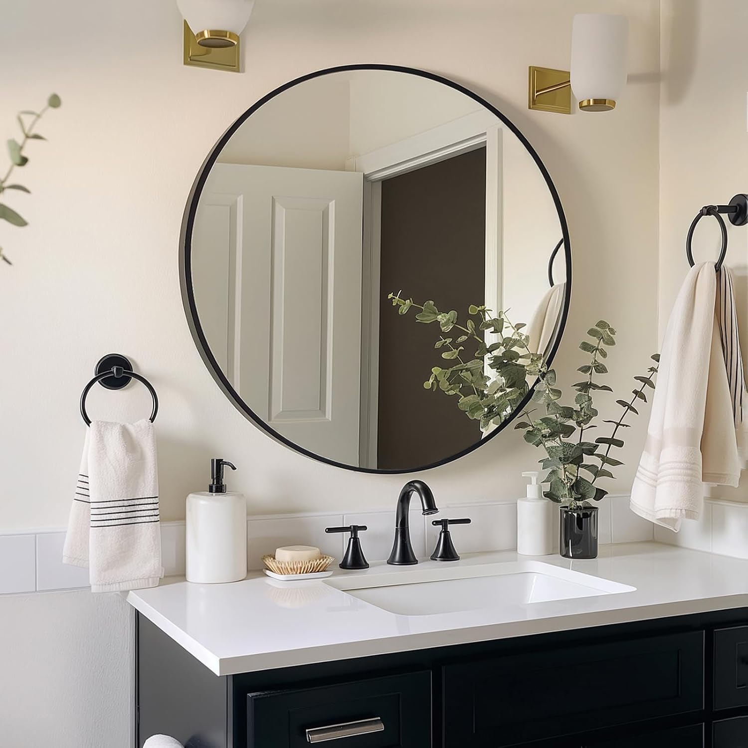 Black Round Mirror, Round Mirror 24 Inch, Black Circle Mirrors Matte Metal Frame, Wall Mounted Mirrors For Living Room, Bathroom, Wall, Entryway.
