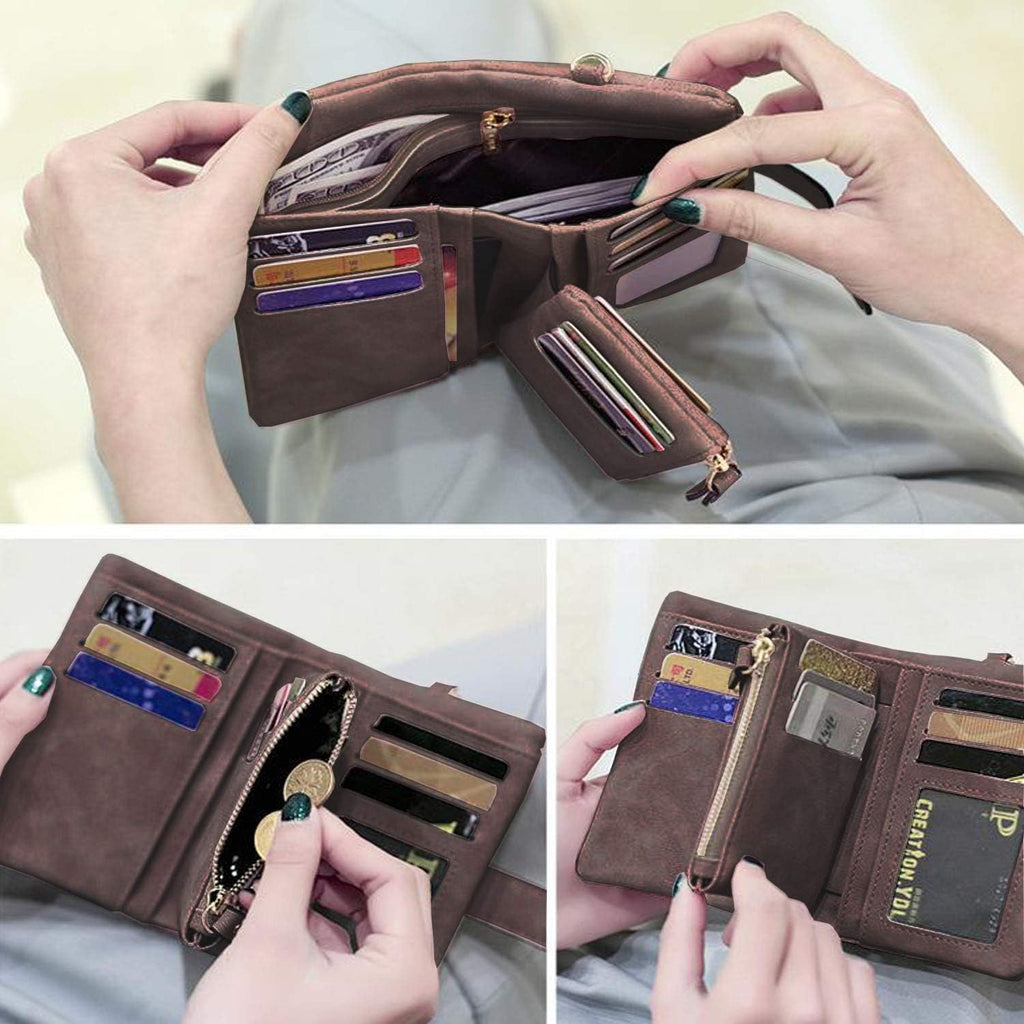PofeeXIO Womens Small Bifold Leather Wallets RFID Ladies Wristlet with Card Slots id Window Zipper Coin Purse | Small, Bifold, RFID, Wristlet, with Card Slots, id Window
